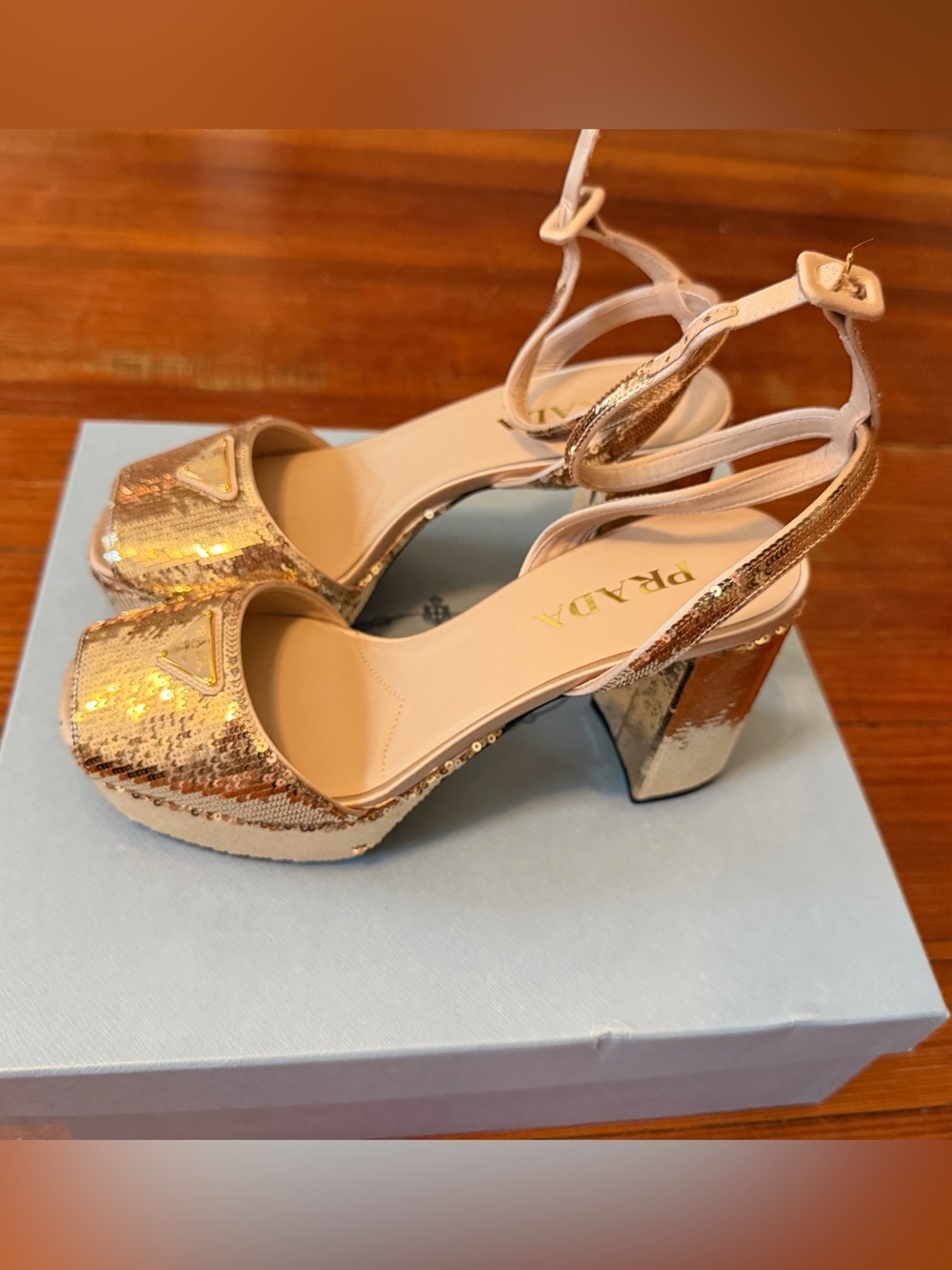 New Authentic Prada Gold Sequin Platform Sandals with Chunky Heel Size 39